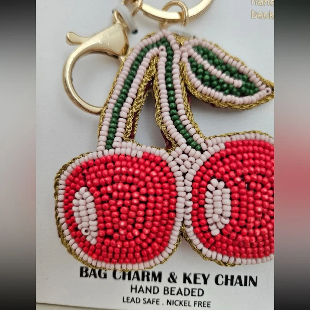 HAUTE HIPPIE STYLE Hand-Beaded Crafted Cherry Keychain Bag Purse Charm NEW NWT